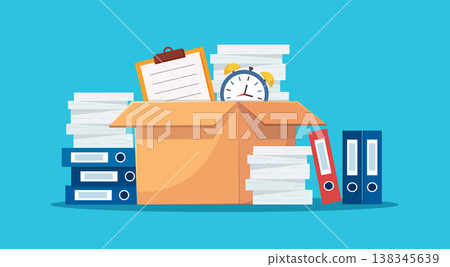 Cardboard Box with Papers and Folders Office Supplies vector illustration Cardboard Box with Papers and Folders Office Supplies vector illustration 138345639