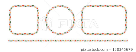 Mexican triangular pattern circle and rectangle frames set. African ethnic motif border. Aztec ornament frame. Mexican ornament. text frame. Vector illustration isolated on white background 138345679