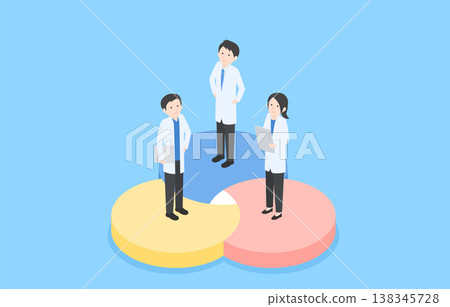 圖片展示的是來自各個專業領域的醫療專業人員和研究人員正在合作。 138345728