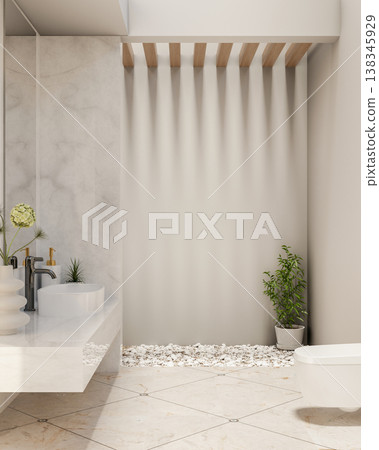 Marble sink counter across toilet on tiles floor and a plant under wooden ceiling in modern washroom Marble sink counter across toilet on tiles floor and a plant under wooden ceiling in modern washroom 138345929