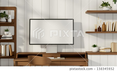 Blank screen computer on wooden table and chair aside floating bookshelf in a white slats wall room. Blank screen computer on wooden table and chair aside floating bookshelf in a white slats wall room. 138345932