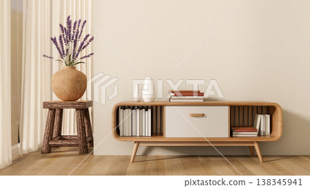Lavender vase on chair aside curtain and wooden bookcase table on parquet floor in white wall room. Lavender vase on chair aside curtain and wooden bookcase table on parquet floor in white wall room. 138345941