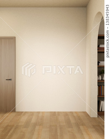 Empty white wall and wooden door over parquet floor and arch doorway to other room in a modern house Empty white wall and wooden door over parquet floor and arch doorway to other room in a modern house 138345943