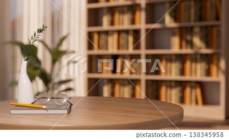 Eyeglasses and pencil on book with vase on round wooden table across bookshelf and window in library Eyeglasses and pencil on book with vase on round wooden table across bookshelf and window in library 138345958