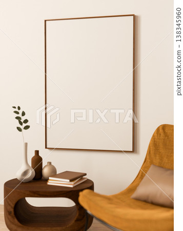 White painting frame on wall over wooden table and yellow mustard fabric accent chair in modern room 138345960