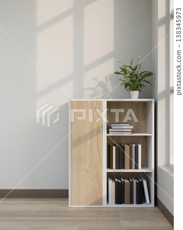 Wooden sideboard bookshelf with potted plant on parquet floor at white wall corner in a modern room 138345973