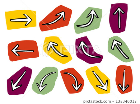 一組復古可愛的彩色背景箭頭，以剪紙風格的毛筆繪製而成。 138346012