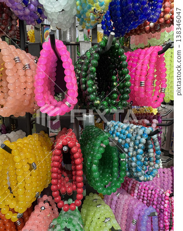 Bright colorful beaded bracelets accessories jewelry retail fashion display Bright colorful beaded bracelets accessories jewelry retail fashion display 138346047