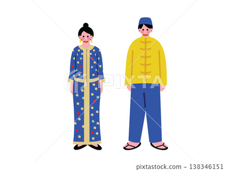 Illustrations of men and women wearing traditional Singaporean ethnic clothing. 138346151