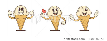 Set Of Three Happy Ice Cream Cones Cartoon Character Poses Vector Illustration Set Of Three Happy Ice Cream Cones Cartoon Character Poses Vector Illustration 138346156