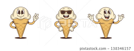Set Of Three Ice Cream Cones Cartoon Character Poses Vector Illustration Set Of Three Ice Cream Cones Cartoon Character Poses Vector Illustration 138346157