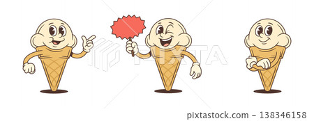 Set Of Three Cute Ice Cream Cones Cartoon Character Poses Vector Illustration Set Of Three Cute Ice Cream Cones Cartoon Character Poses Vector Illustration 138346158