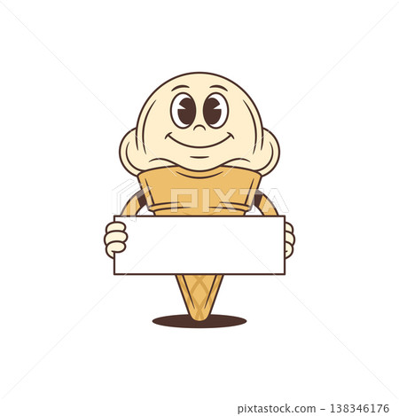Funny Ice Cream Cone Cartoon Character Holding Blank Sign Vector Illustration Funny Ice Cream Cone Cartoon Character Holding Blank Sign Vector Illustration 138346176