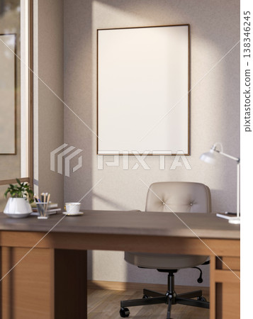 White frame on wall over wooden table and beige swivel chair in office room and sunlight from window White frame on wall over wooden table and beige swivel chair in office room and sunlight from window 138346245