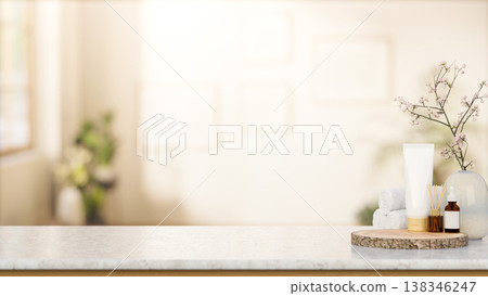 Wooden log tray aside towels with skincare bottle and diffuser on white marble counter in a spa room Wooden log tray aside towels with skincare bottle and diffuser on white marble counter in a spa room 138346247