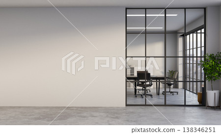 Potted plant on grey stone floor corridor aside glass wall and white wall of meeting room in office. 138346251