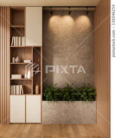 Build in bookshelf aside loft cement wall with plants and spotlight over wooden floor in modern room Build in bookshelf aside loft cement wall with plants and spotlight over wooden floor in modern room 138346254