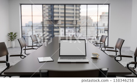 White screen laptop and coffee on meeting table across glass wall of an office in high rise building 138346258