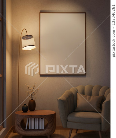 White photo frame on wall over wooden table and seashell fabric accent chair under lamp in dim room. 138346261