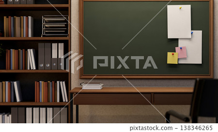 Document paper and sticky note pinning on bulletin board over wooden table aside bookshelf in office 138346265