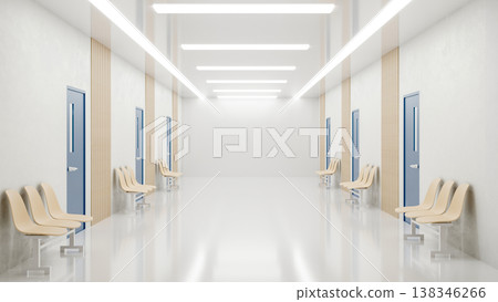 White bright corridor hallway with blue doors and row chairs over polished floor in modern building 138346266