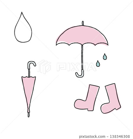 A hand-drawn illustration of an umbrella, rain boots, and water droplets in line art, perfect for the rainy season. A hand-drawn illustration of an umbrella, rain boots, and water droplets in line art, perfect for the rainy season. 138346308