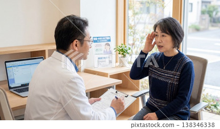 神經外科/更年期診所諮詢場景：一位 50 多歲的女性向醫生講述了她的頭痛和頭暈症狀。 138346338
