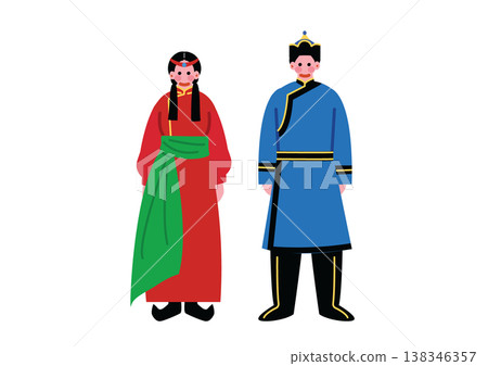 圖中描繪了一位身著蒙古族傳統服飾的男子和一位女子。 圖中描繪了一位身著蒙古族傳統服飾的男子和一位女子。 138346357