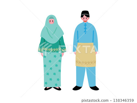圖中描繪了一位身著馬來西亞傳統民族服裝的男子和一位女子。 圖中描繪了一位身著馬來西亞傳統民族服裝的男子和一位女子。 138346359