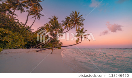 Perfect tropical sunset beach with exotic ocean shore, relaxing tranquil summer vacation wallpaper, breathtaking sunlight and nature outdoors 138346450