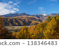 The foothills of Matsubara Lake Plateau in Koumi Town, with the autumn colors of larch trees against the backdrop of a clear blue autumn sky and the Yatsugatake mountain range. 138346483