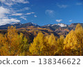 A landscape of the Yatsugatake mountain range under a clear autumn sky, with a larch forest dyed yellow in the foreground. 138346622