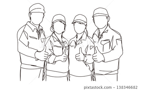 描繪男女工人一起工作的線條藝術插圖。 描繪男女工人一起工作的線條藝術插圖。 138346682