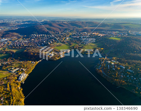 Beautiful landscape shot with nature and water from the top from a drone. Brno Dam, Czech Republic-Europe Beautiful landscape shot with nature and water from the top from a drone. Brno Dam, Czech Republic-Europe 138346690