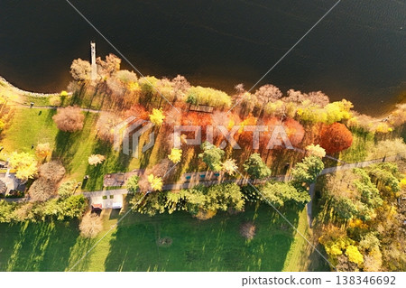Beautiful landscape shot with nature and water from the top from a drone. Brno Dam, Czech Republic-Europe Beautiful landscape shot with nature and water from the top from a drone. Brno Dam, Czech Republic-Europe 138346692