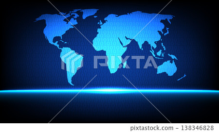 Blue world map silhouette with binary code background representing global data,innovation technology 138346828