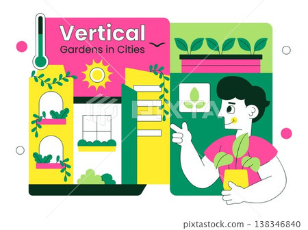 Vertical Gardens In Cities Vector Illustration With Urban Green Buildings, Balcony Plants, Sustainable Living And Eco Friendly Architecture Design Vertical Gardens In Cities Vector Illustration With Urban Green Buildings, Balcony Plants, Sustainable Living And Eco Friendly Architecture Design 138346840