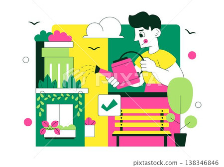 Vertical Gardens In Cities Vector Illustration With Urban Green Buildings, Balcony Plants, Sustainable Living And Eco Friendly Architecture Design 138346846