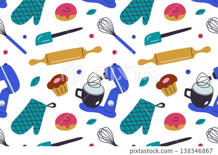 Baking tools seamless pattern with mixer, rolling pin, whisk, silicone spatulas, muffin and donut. Pastry and confectionery kitchen equipment, home cooking flat cartoon vector illustration Baking tools seamless pattern with mixer, rolling pin, whisk, silicone spatulas, muffin and donut. Pastry and confectionery kitchen equipment, home cooking flat cartoon vector illustration 138346867
