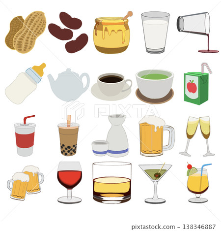 一組各種食物和飲料的插圖 138346887