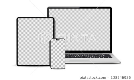 Realistic laptop, tablet, smartphone mockup. Set technology devices with empty display Realistic laptop, tablet, smartphone mockup. Set technology devices with empty display 138346926