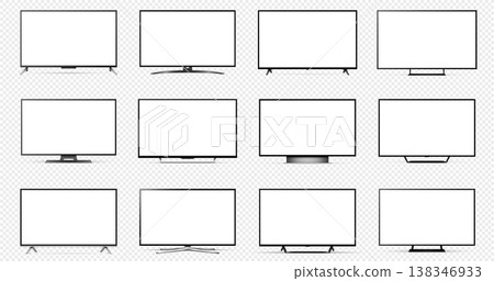 Realistic smart tv mockup set. Different television display with blank screens isolated on transparent background. Realistic smart tv mockup set. Different television display with blank screens isolated on transparent background. 138346933