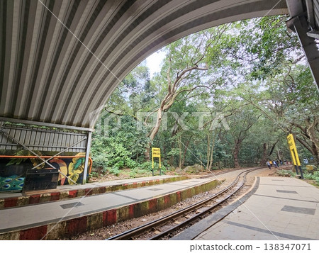 Toy train tracks curving through dense forest beneath a covered platform 138347071