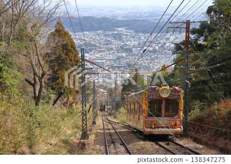 The townscape of Ikoma and the cable car (mountain line) as seen from the Ikoma Cable Car. 138347275