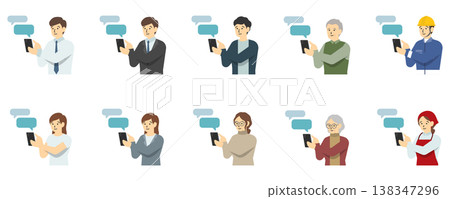 扁平化插圖：一群人（上半身）正在操作智慧型手機 138347296