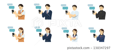 Flat illustration: A set of students (upper body) using a smartphone. Flat illustration: A set of students (upper body) using a smartphone. 138347297