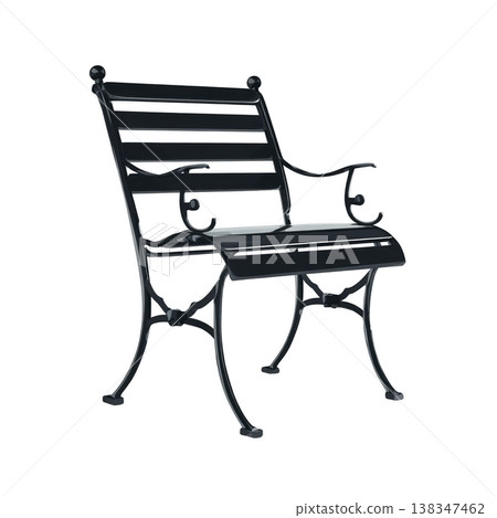 Black wrought iron garden chair with elegant curved armrests and slatted backrest, perfect for outdoor seating. classic design adds touch of sophistication to any garden or patio 138347462