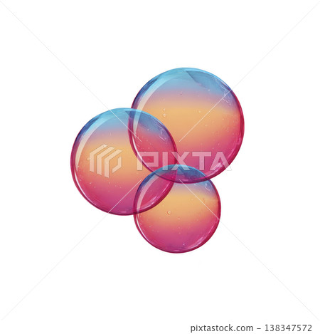 Colorful overlapping soap bubbles with gradient of pink, orange, and blue hues create whimsical and dreamy effect against transparent background 138347572