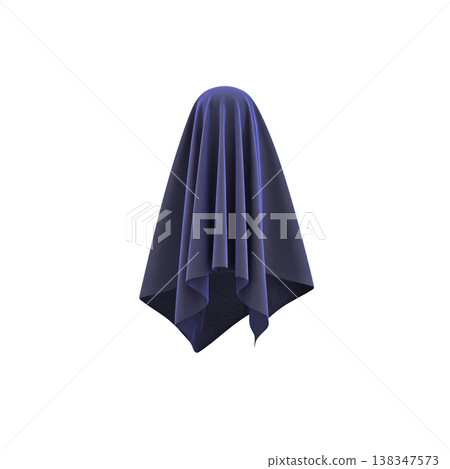 Dark blue, semi transparent fabric draped over invisible object creates mysterious and ghostly appearance. fabric smooth texture and flowing folds add ethereal quality to scene Dark blue, semi transparent fabric draped over invisible object creates mysterious and ghostly appearance. fabric smooth texture and flowing folds add ethereal quality to scene 138347573