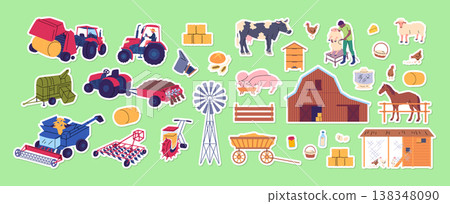 Cartoon Color Farming Life Concept Farmers, Buildings, Tools and Animals Stickers Set Flat Design Style. Vector illustration 138348090